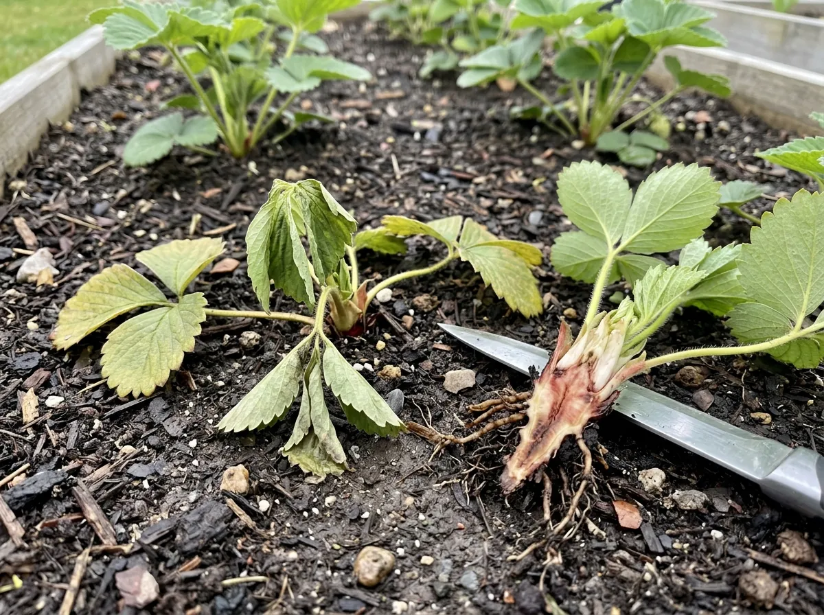 Wilting strawberry plant with drooping young leaves and dull yellowing older leaves, beside a lifted crown cut lengthways with reddish-brown rot spreading from the base