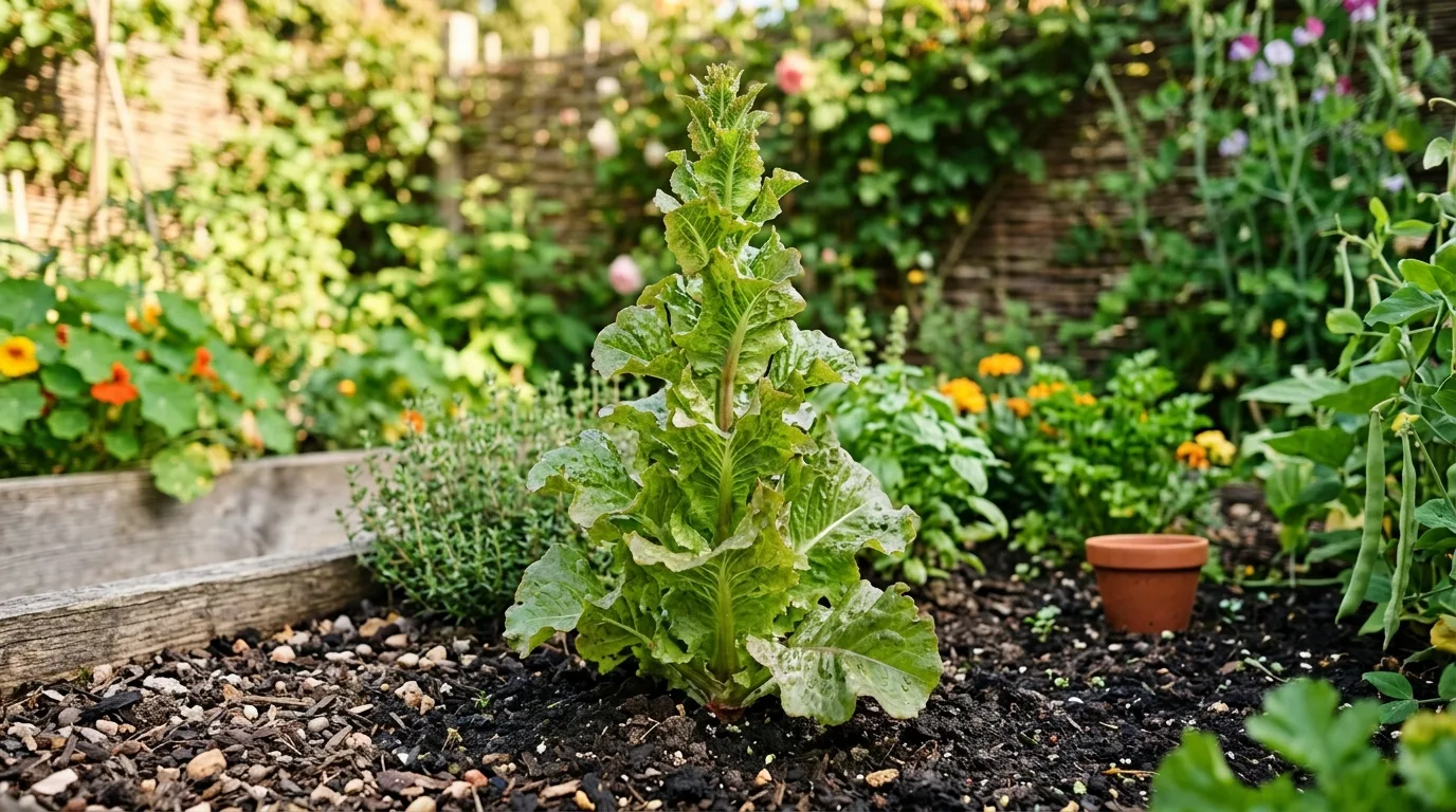 A lettuce plant stretching tall and starting to bolt in a warm garden bed