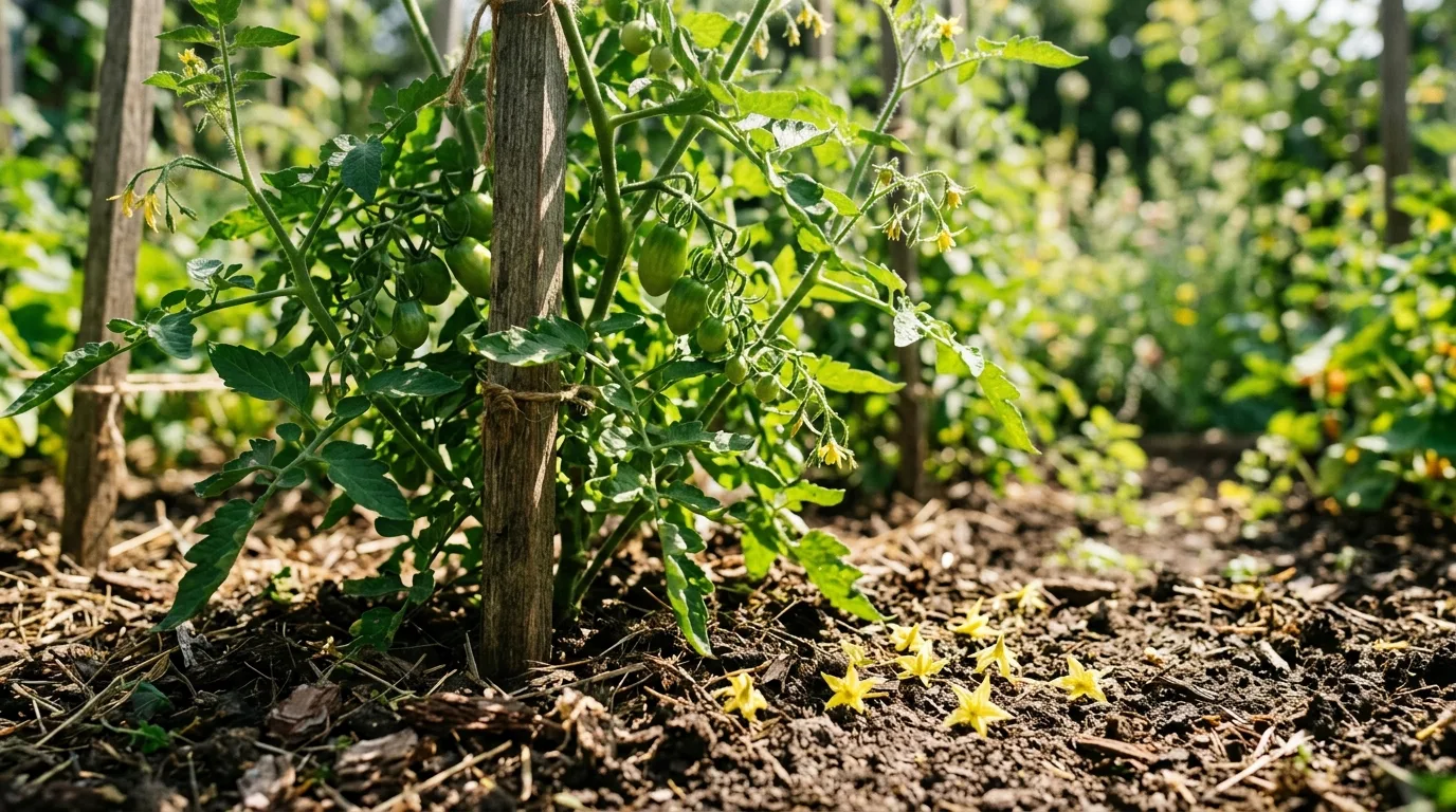 A tomato plant dropping unpollinated yellow flowers in hot sun
