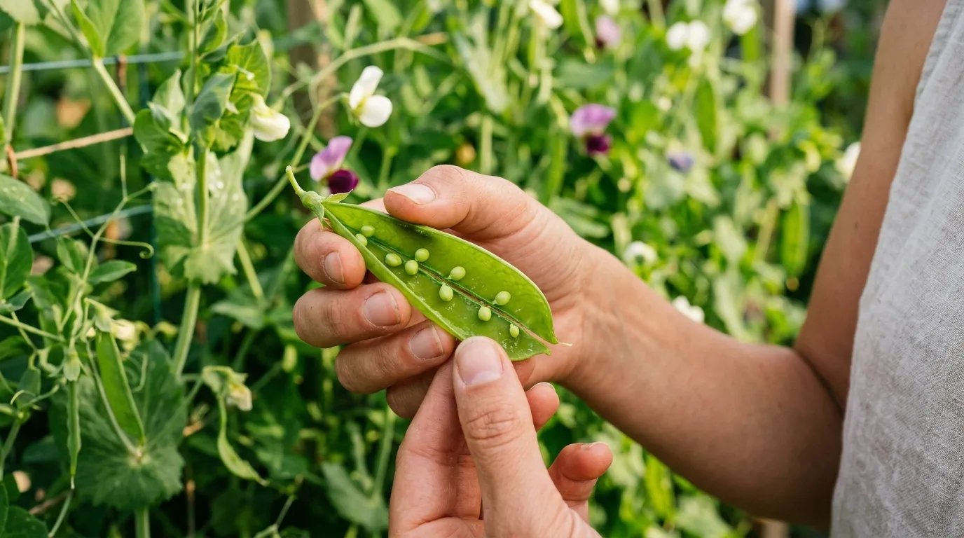 An opened pea pod showing tiny undeveloped peas inside