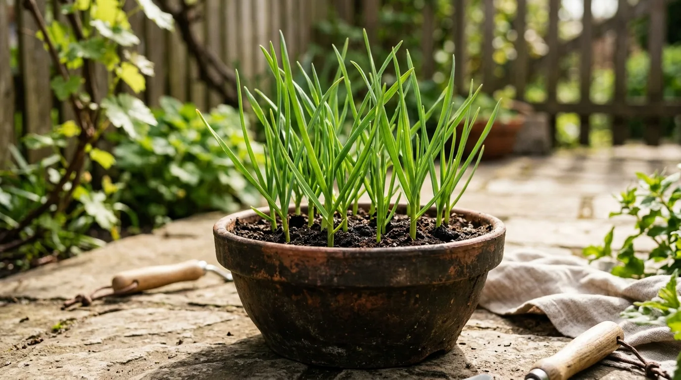Garlic shoots growing in a deep pot