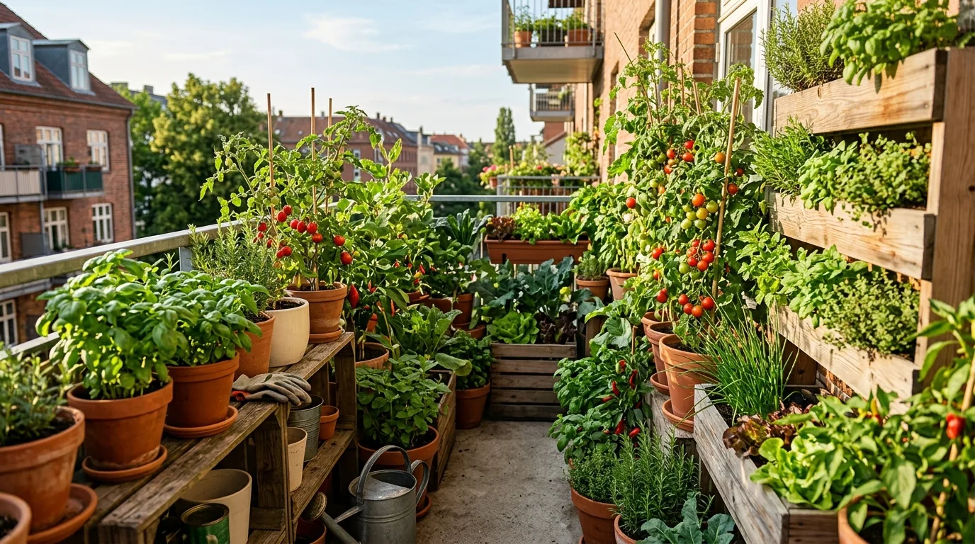 A balcony filled with vegetables and herbs growing in containers