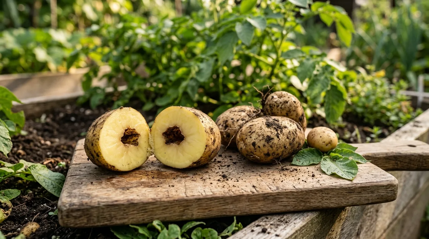 A freshly dug potato cut in half showing a hollow brown-edged centre