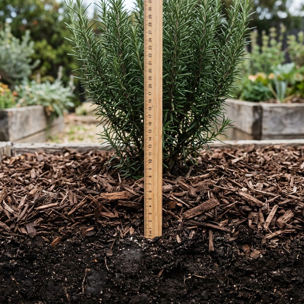 Side view showing mulch at 10cm depth around plants