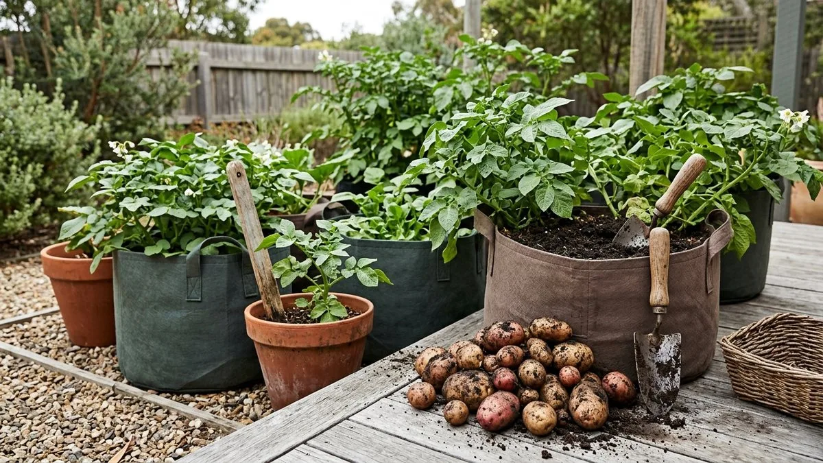 Potatoes growing in a fabric grow bag on a patio