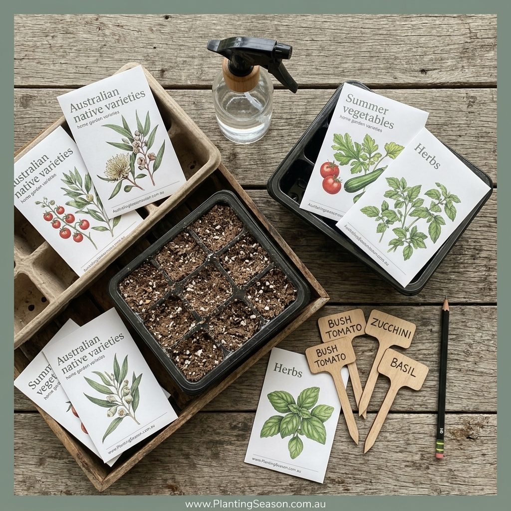 Seed raising supplies: trays, seed-raising mix, spray bottle, labels, seed packets