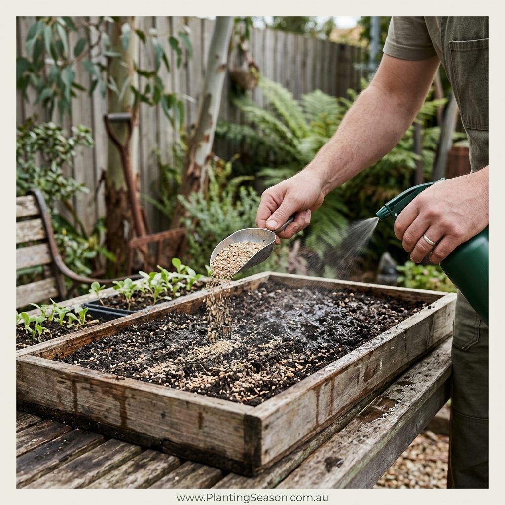 Vermiculite being sprinkled over freshly sown seeds