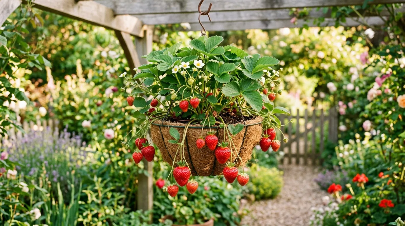 Strawberries fruiting in a hanging basket
