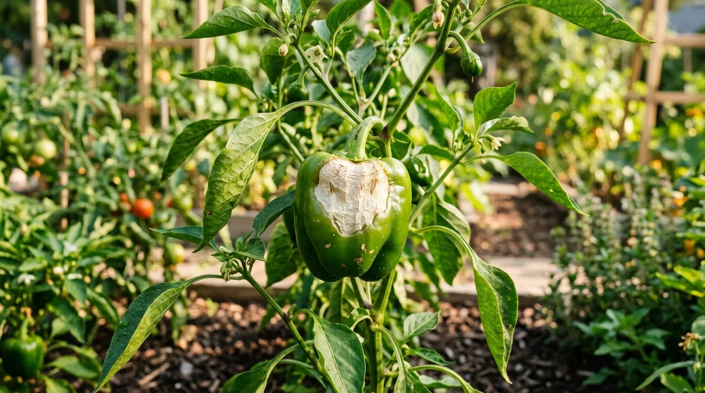 A capsicum with a pale papery sunscald patch on its sun-facing side