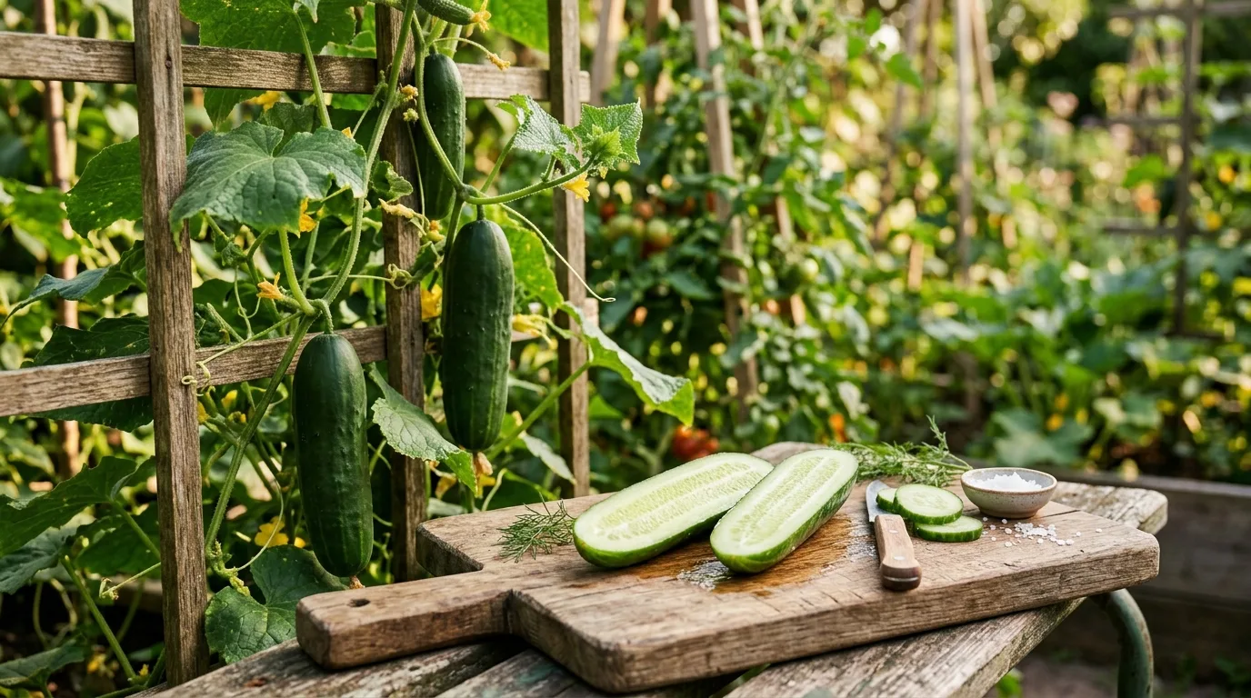 Sliced cucumber on a board next to cucumbers on the vine