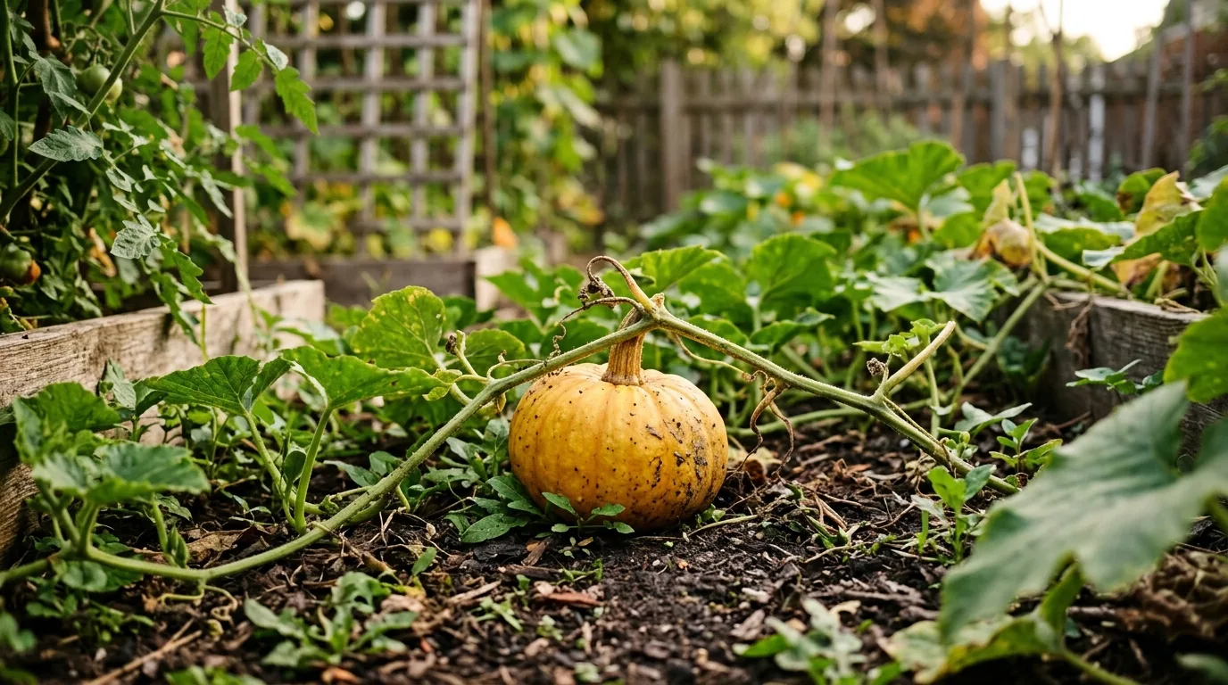A small yellowing pumpkin rotting on the vine in a vegetable garden
