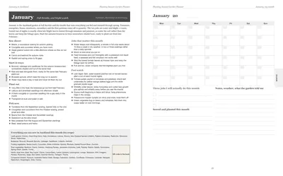 Pages 24 and 25 of the Auckland Garden Planner: January's pre-printed Auckland page with what to sow, plant out and pick, the jobs and the pest watch, beside a blank Monday-start month grid