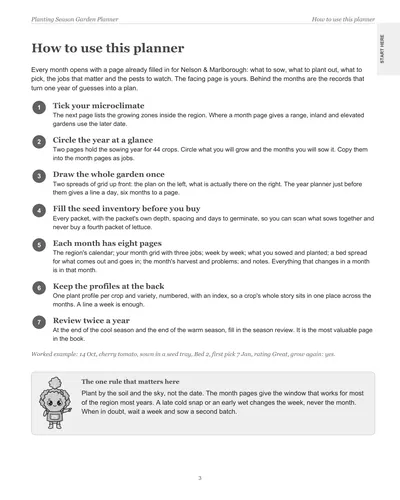 Page 3 of the Nelson and Marlborough Garden Planner: how to use this planner, in seven steps, with a worked example for a cherry tomato