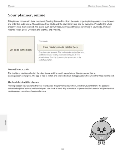 Page 160 of the Northland Garden Planner: the app page with the reader code for three months of Planting Season Pro, with the code and QR code hidden in this preview