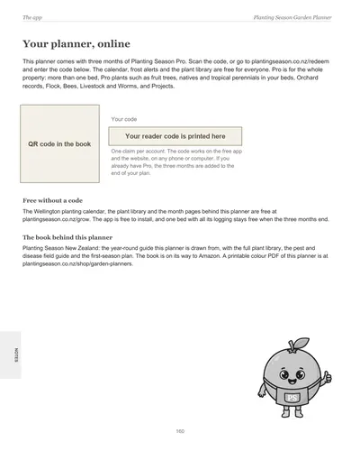 Page 160 of the Wellington Garden Planner: the app page with the reader code for three months of Planting Season Pro, with the code and QR code hidden in this preview
